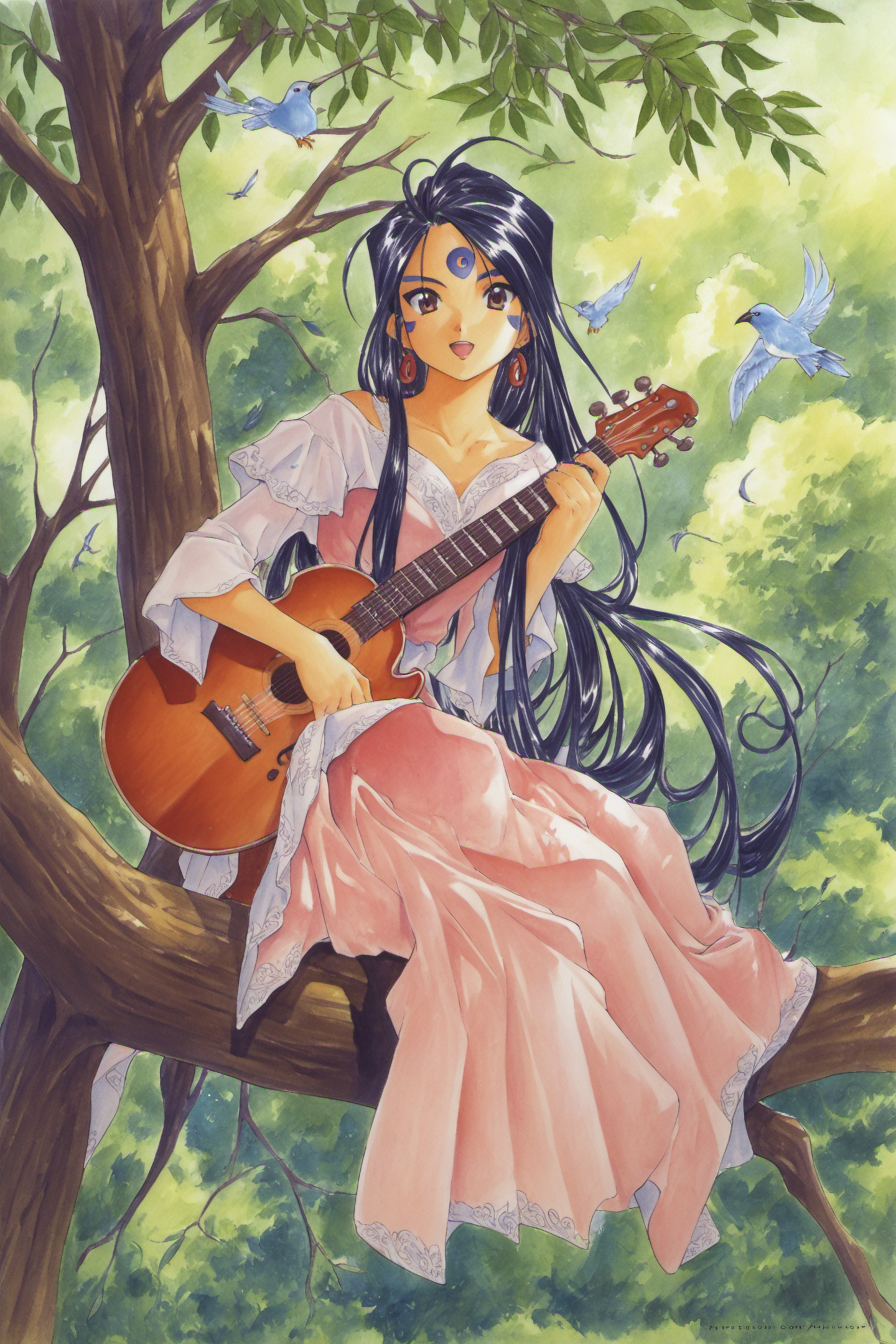 27348-1133645509-Skuld,1girl,bird,solo,long hair,instrument,facial mark,dress,forehead mark,tree,jewelry,black hair,sitting,earrings,in tree,open.png